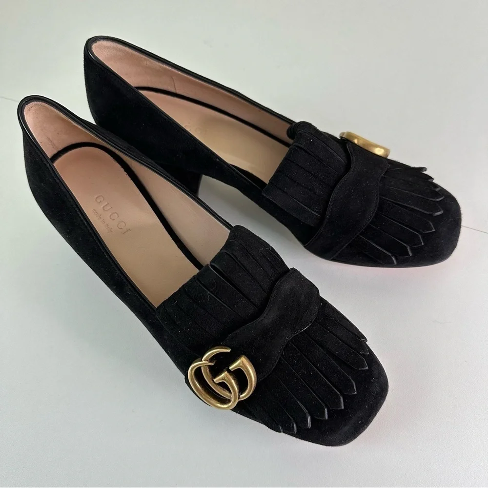 Gucci GG Marmont Pumps Black Suede Kid Scamosciato Block Heel Logo Loafers 36.5 - Picture 2 of 9